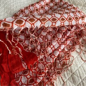 Boho Fringe Scarf Orange White Brown Geometric Rectangular Gauzy Patterned